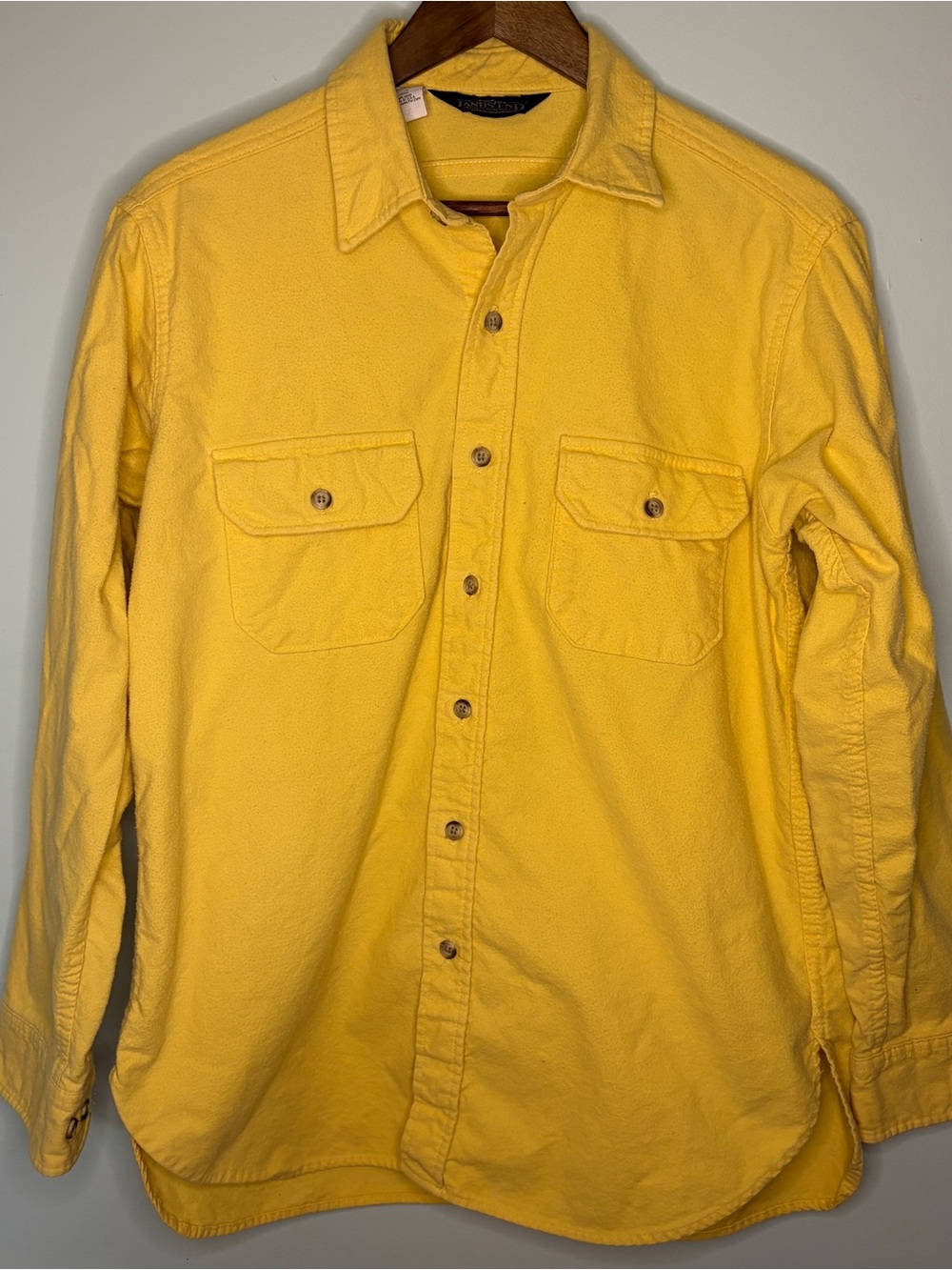 Vintage Lands' End Men's Bright Yellow Button-Down Shirt with Chest Pockets - Picture 3 of 11